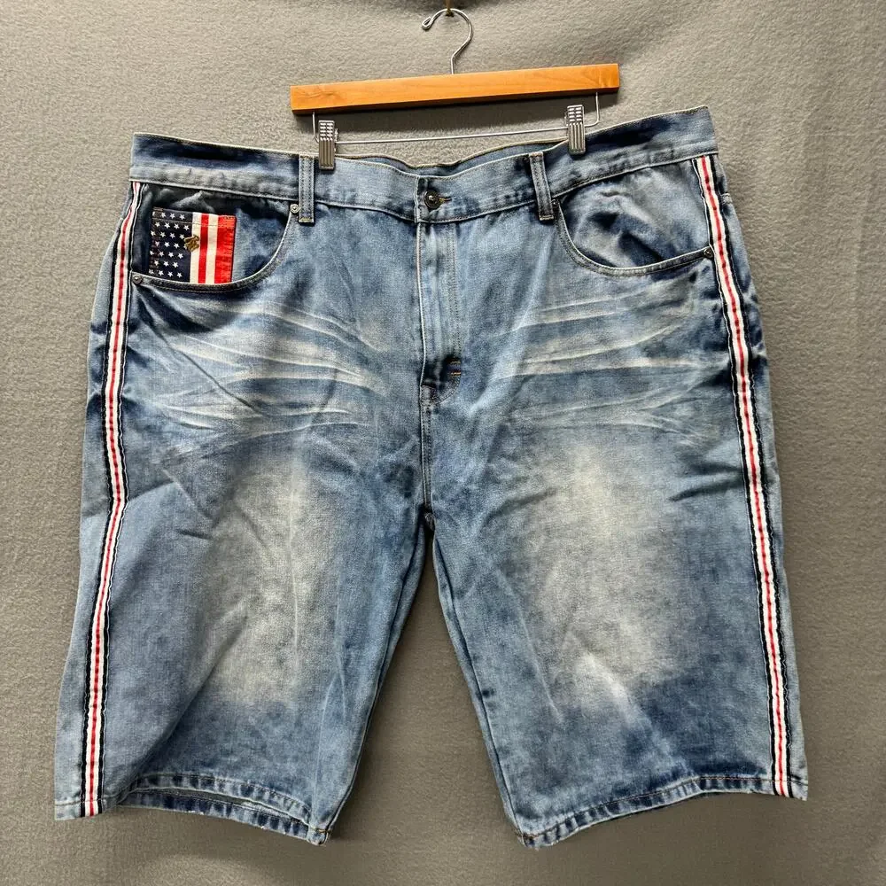 Rocawear Jean Shorts Baggy Fit USA‎ Flag Faded Wash Y2K Mens 50 (50x14 ACTUAL)